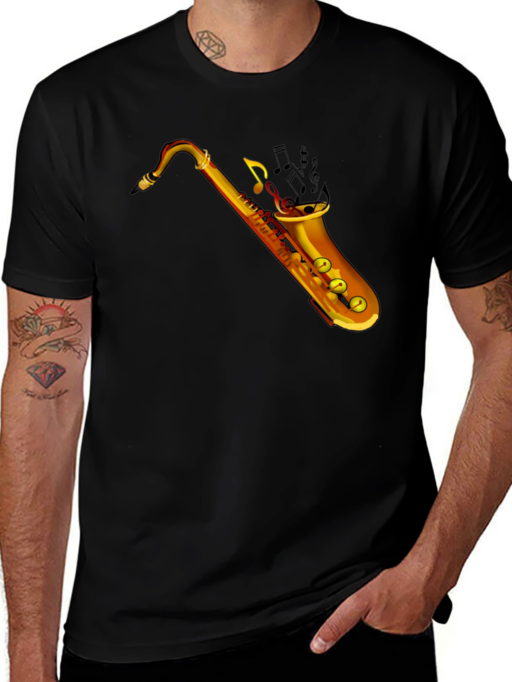 Saxophone Music Notes Graphic Black T-Shirt
