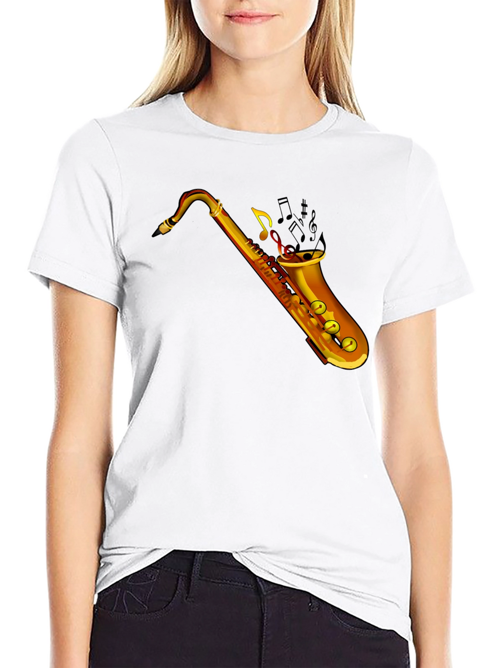 Saxophone Music Notes Graphic Black T-Shirt