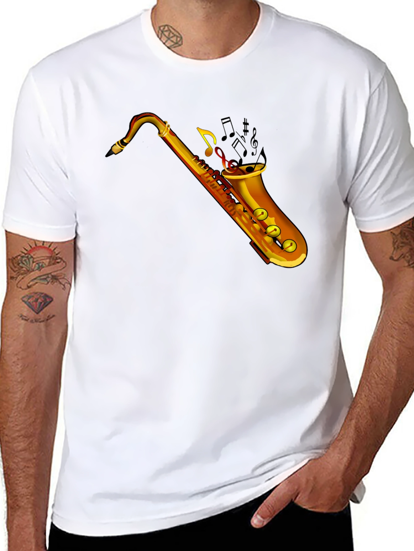 Saxophone Music Notes Graphic Black T-Shirt
