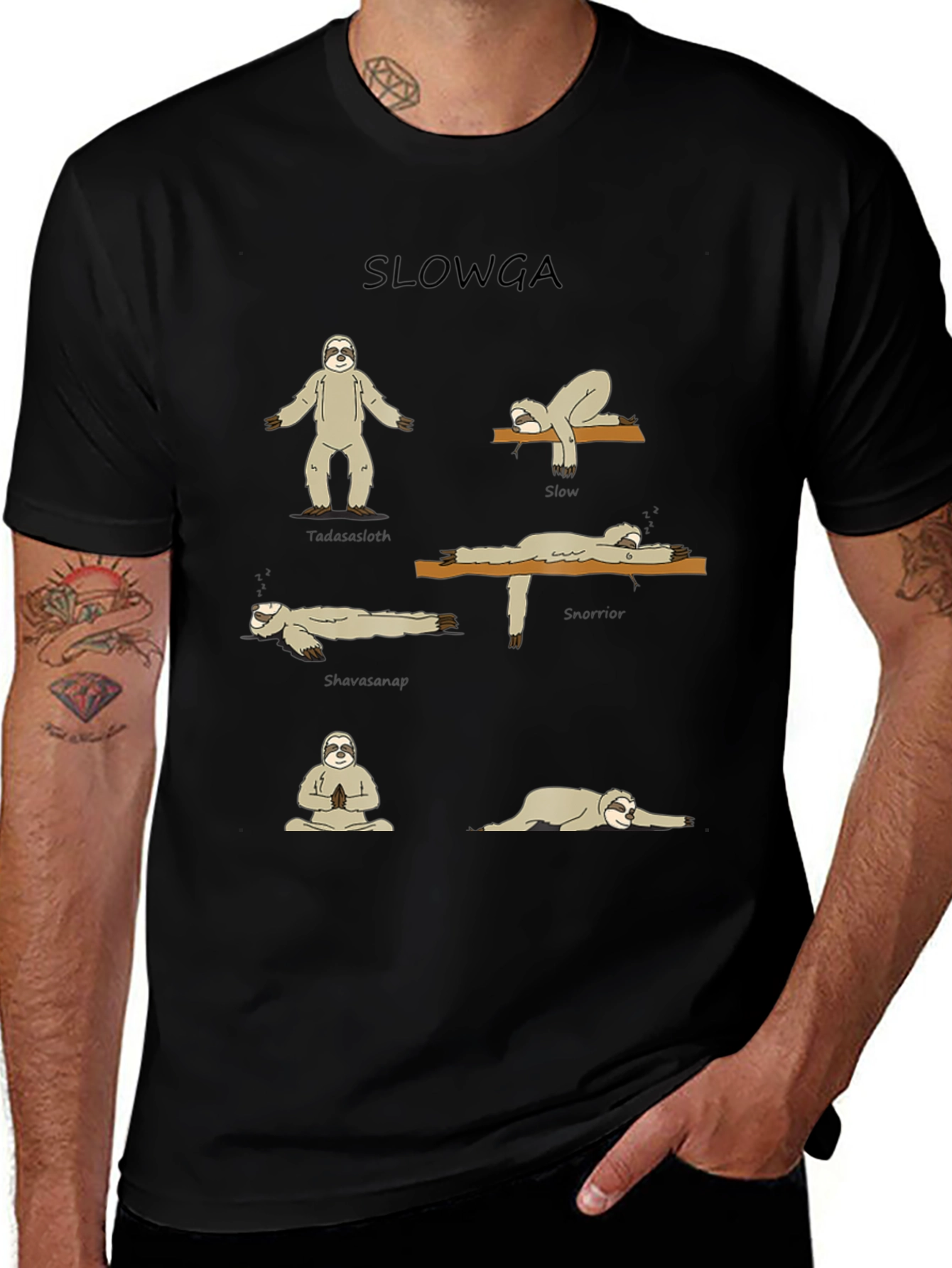 Slowga Black T-Shirt - Sloth Yoga Poses