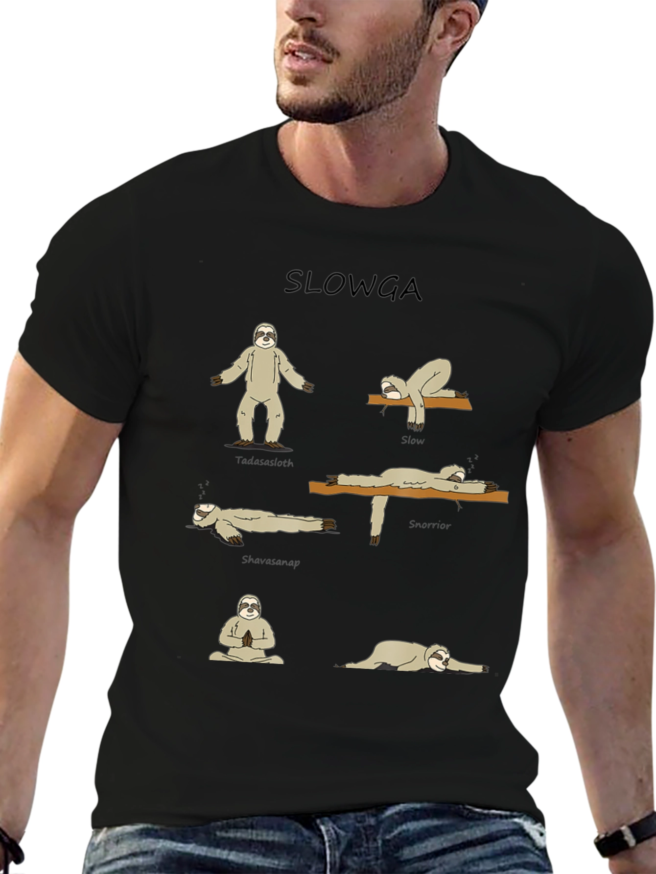 Slowga Black T-Shirt - Sloth Yoga Poses