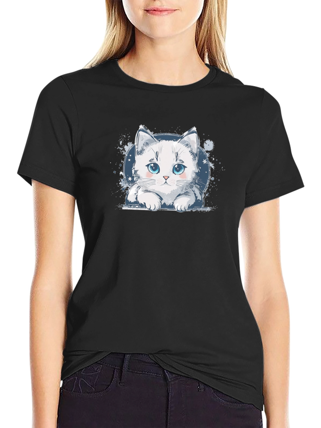 Cute Cat Graphic Black T-Shirt