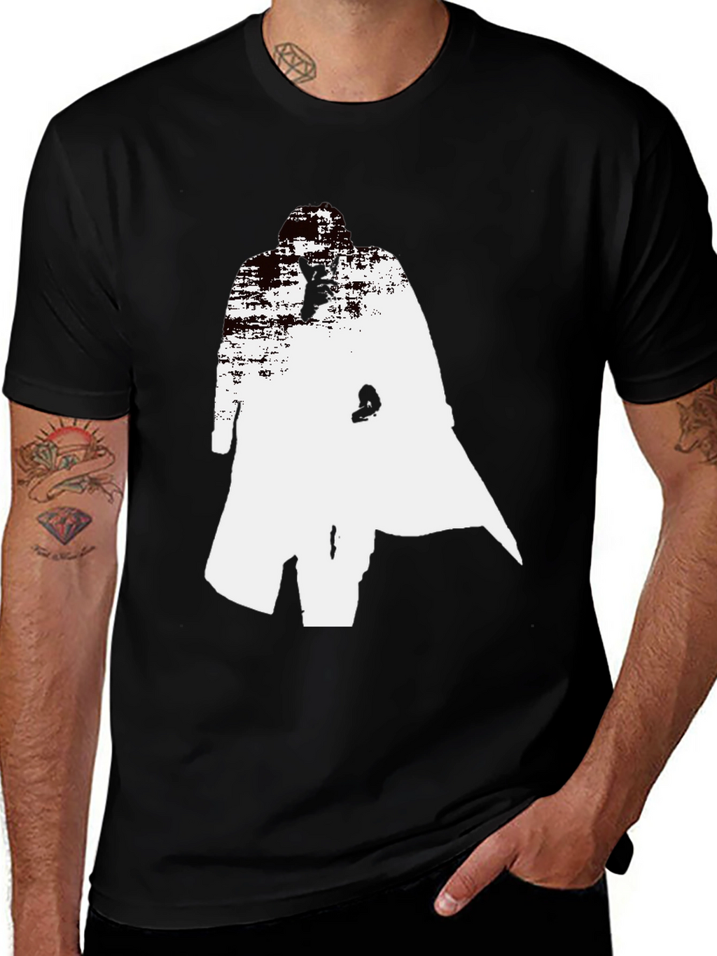 Abstract Trench Coat Graphic Tee - Stylish Black T-Shirt