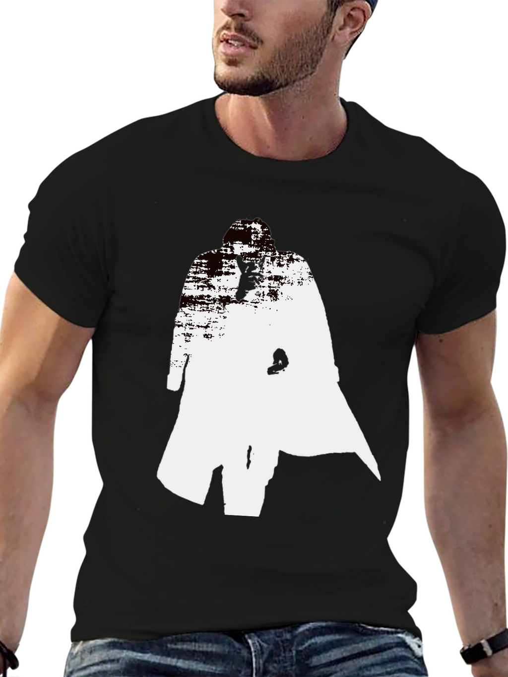 Abstract Trench Coat Graphic Tee - Stylish Black T-Shirt