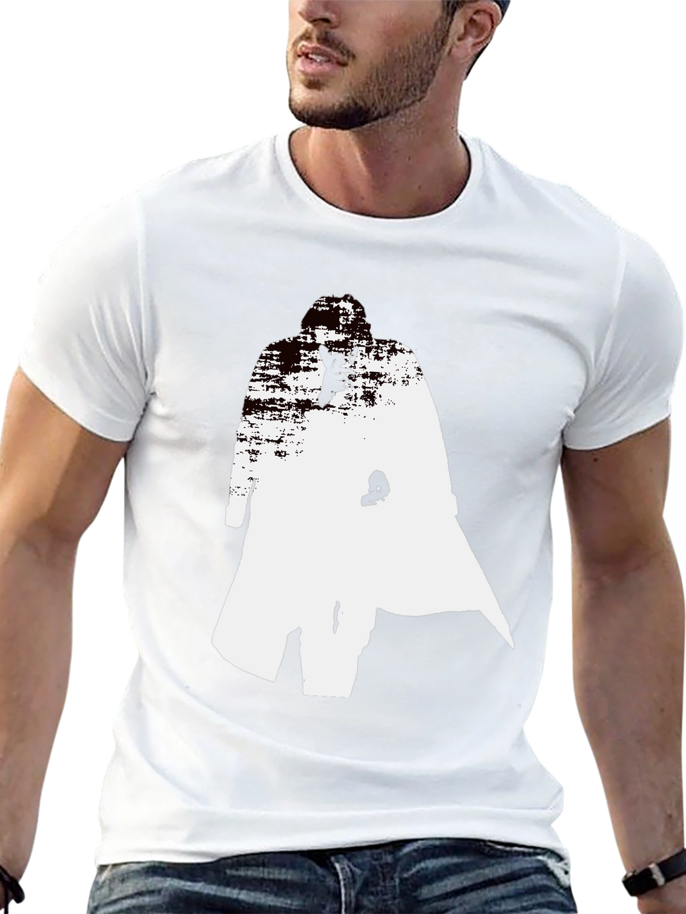 Abstract Trench Coat Graphic Tee - Stylish Black T-Shirt