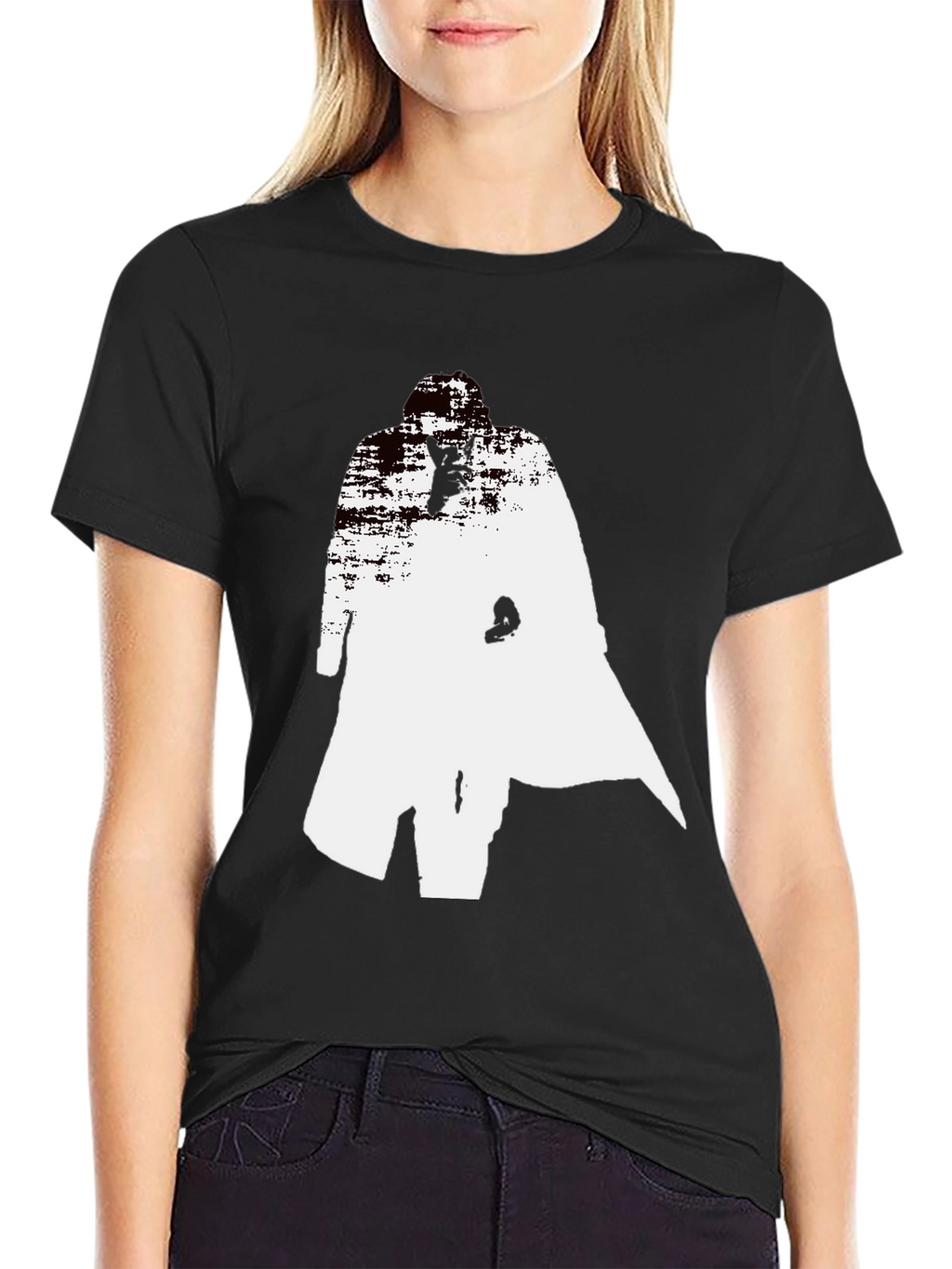 Abstract Trench Coat Graphic Tee - Stylish Black T-Shirt