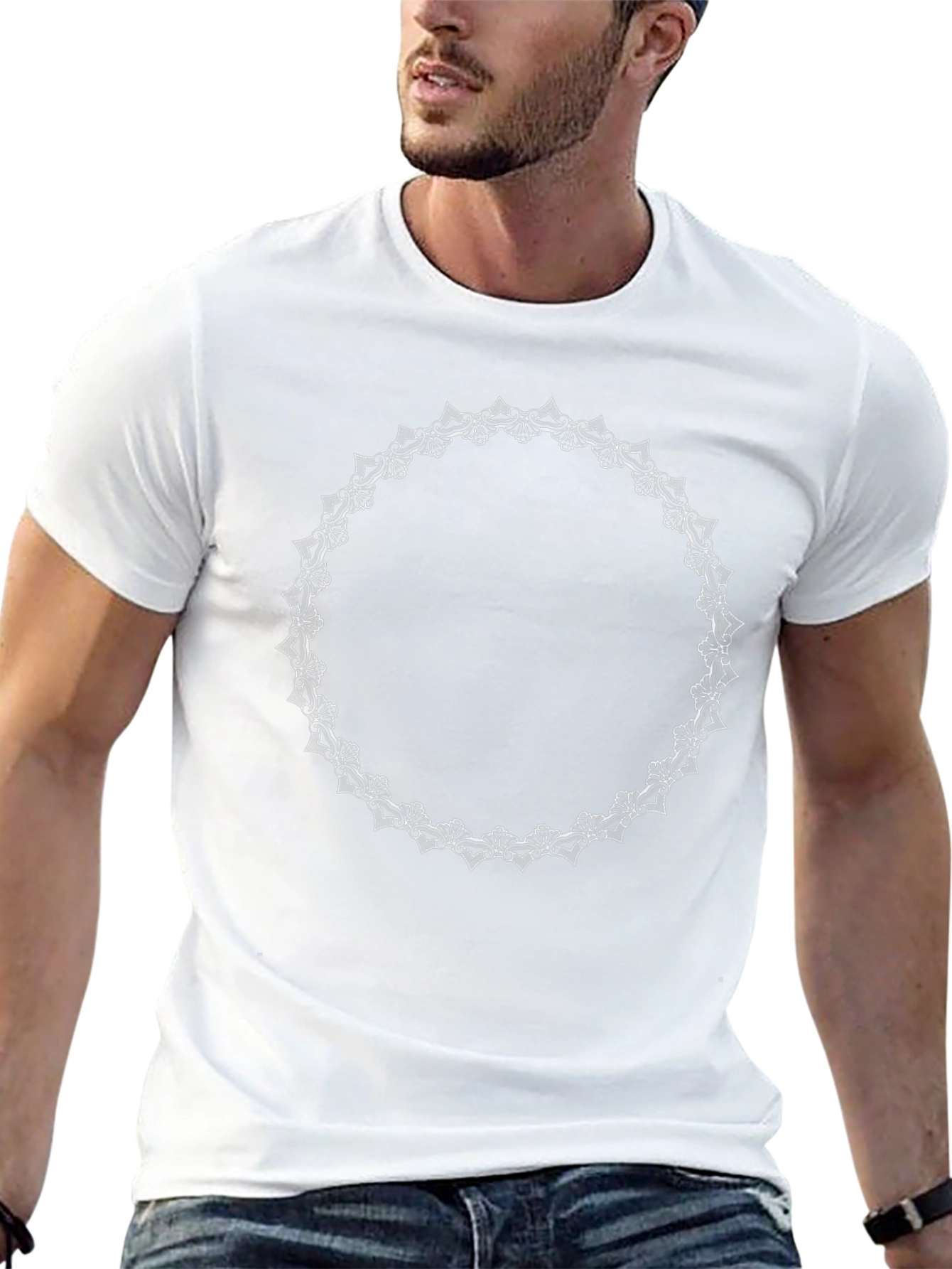 Stylish Black T-Shirt with White Floral Circle Design
