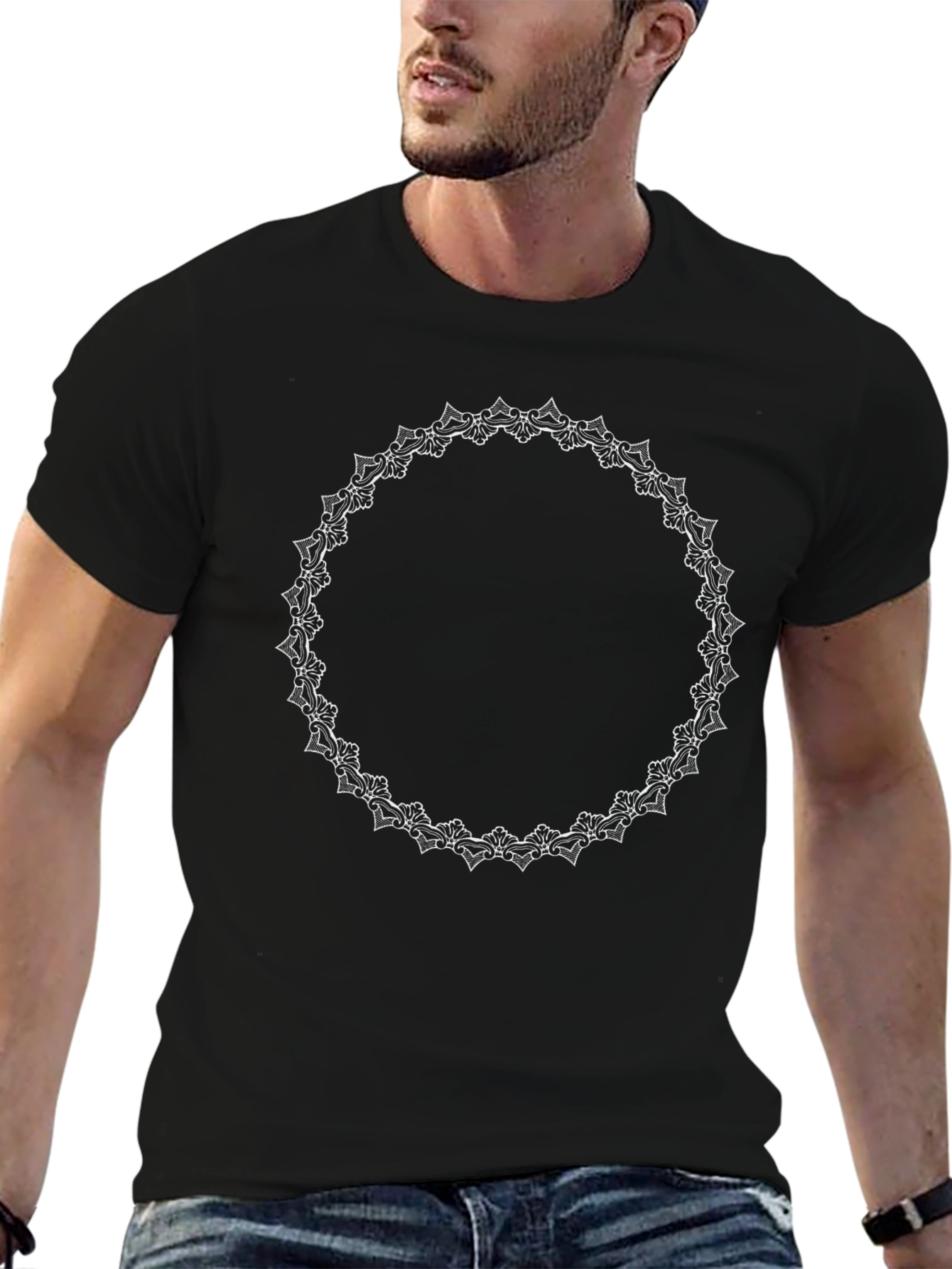 Stylish Black T-Shirt with White Floral Circle Design