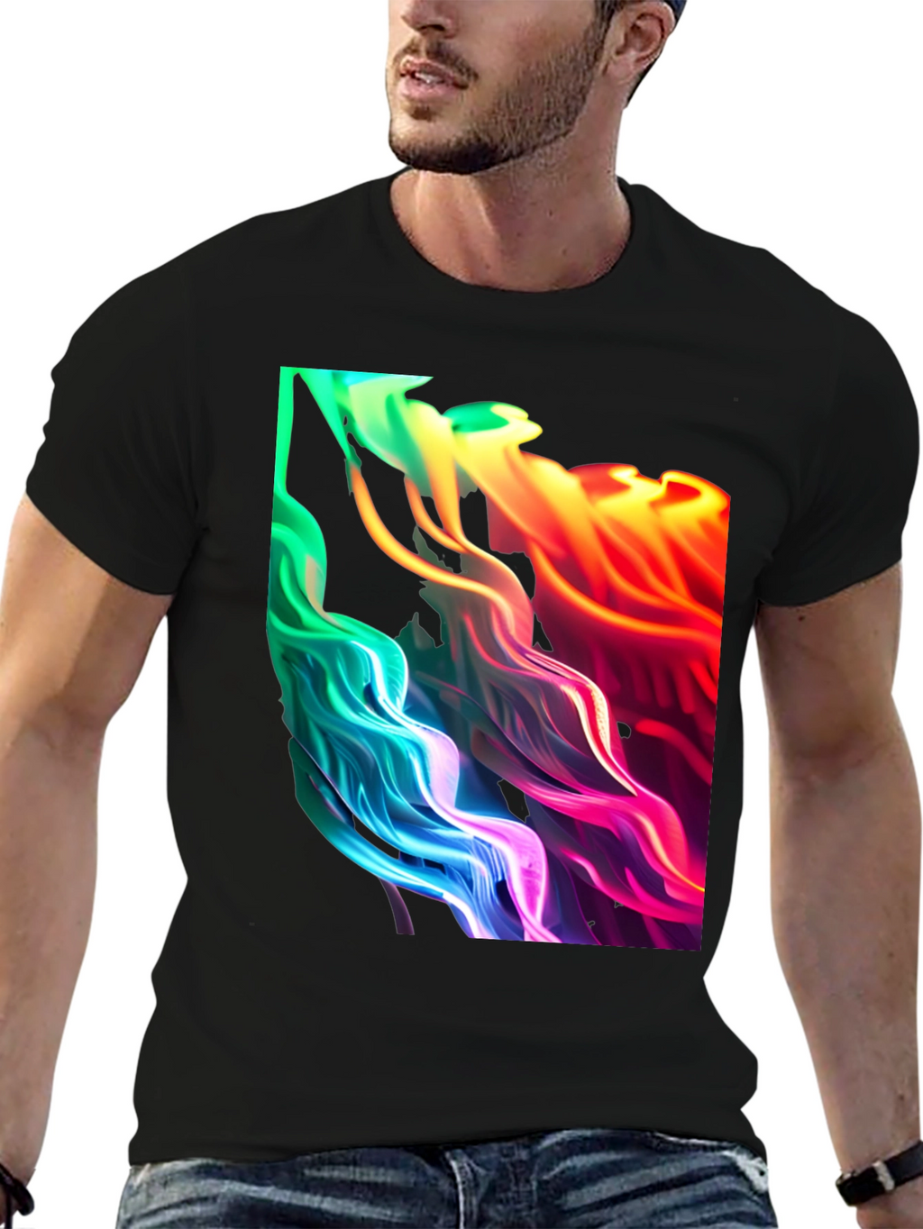 Vibrant Abstract Swirl Graphic Black T-Shirt