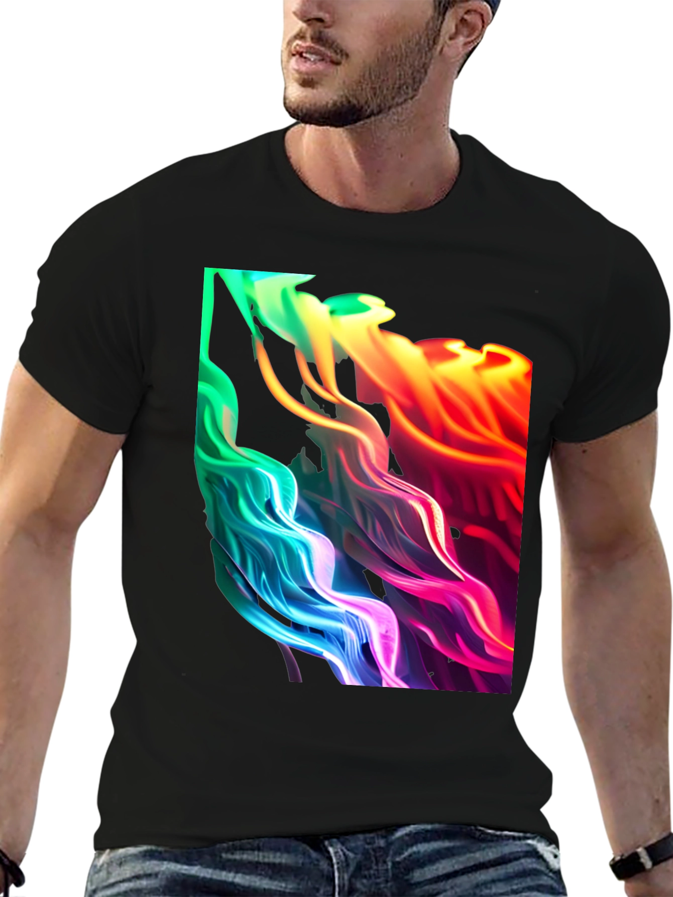 Vibrant Abstract Swirl Graphic Black T-Shirt