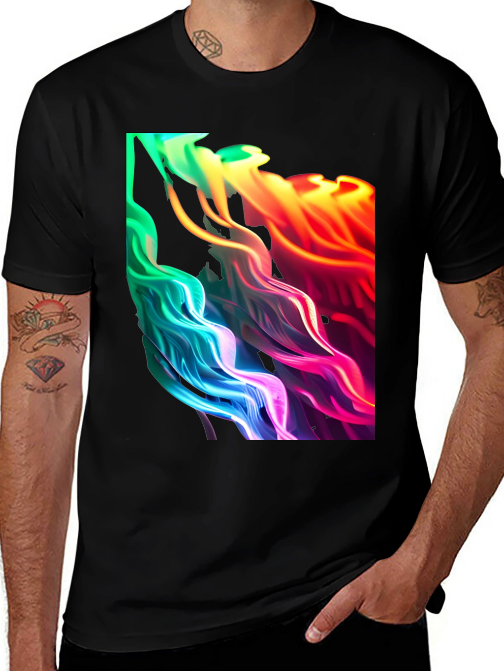 Vibrant Abstract Swirl Graphic Black T-Shirt