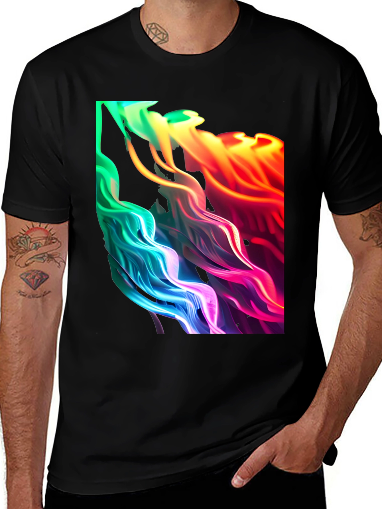 Vibrant Abstract Swirl Graphic Black T-Shirt