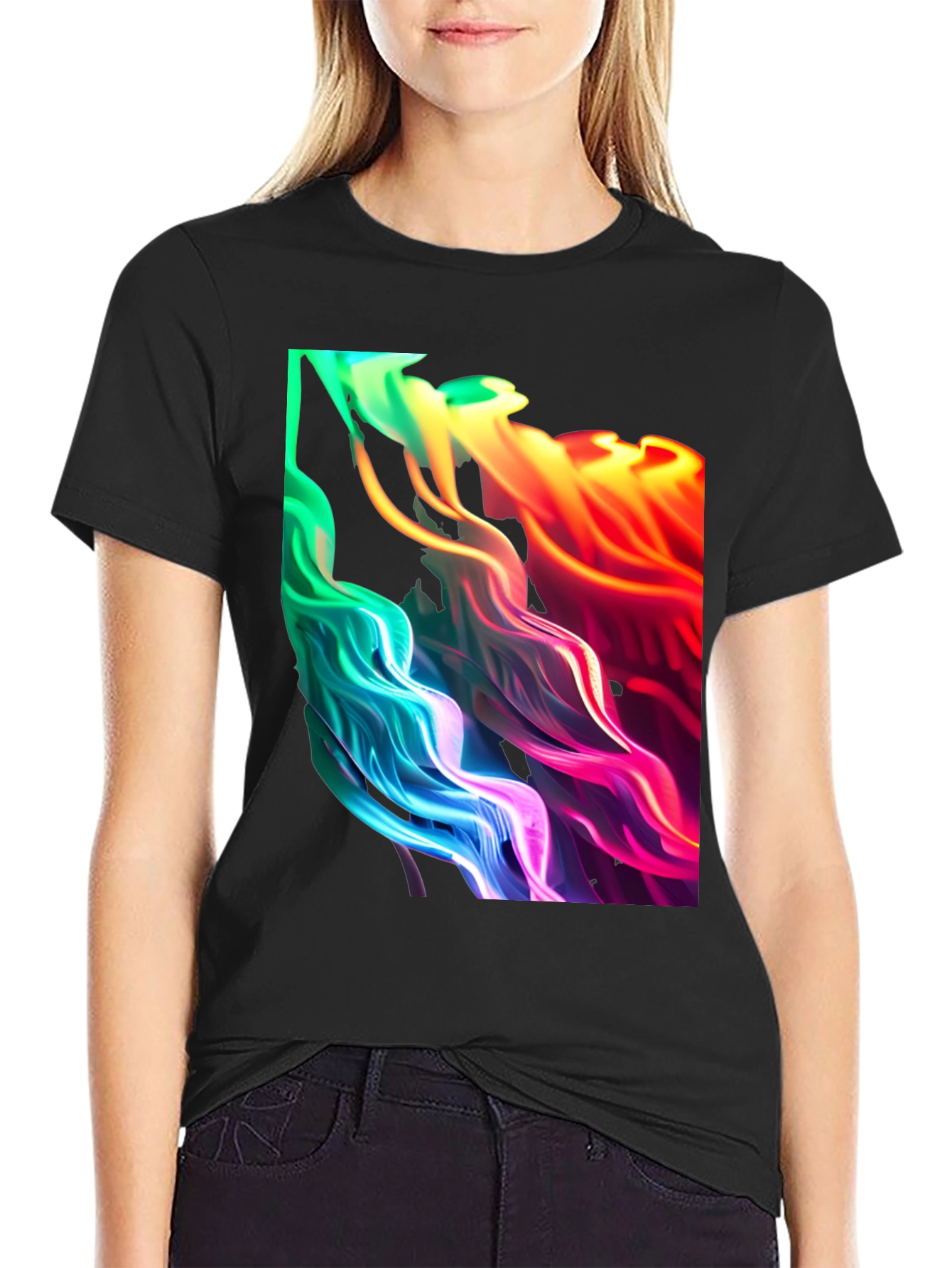 Vibrant Abstract Swirl Graphic Black T-Shirt