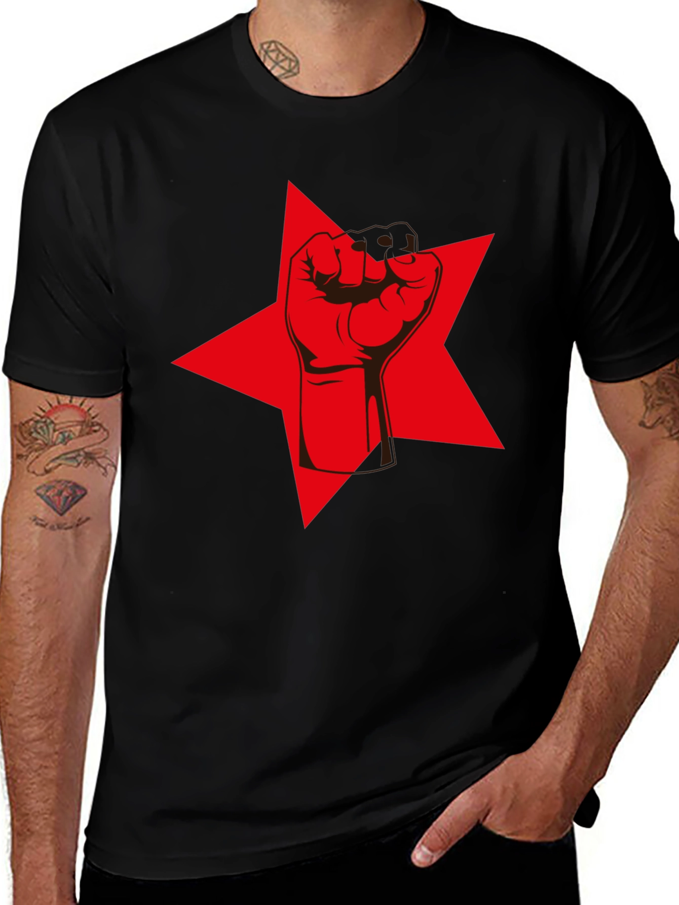 Red Star Fist Graphic Tee - Black Cotton Casual T-Shirt
