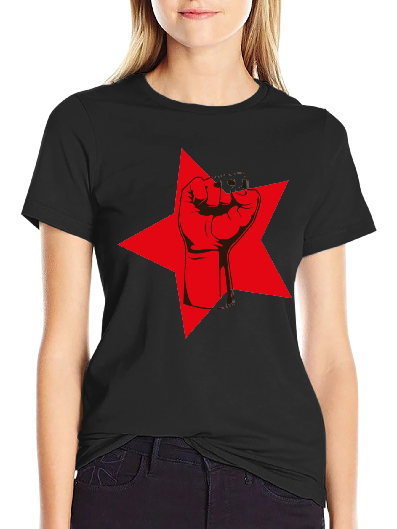Red Star Fist Graphic Tee - Black Cotton Casual T-Shirt