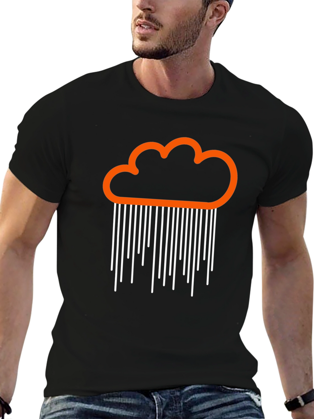 Orange Cloud Rain Graphic Black T-Shirt