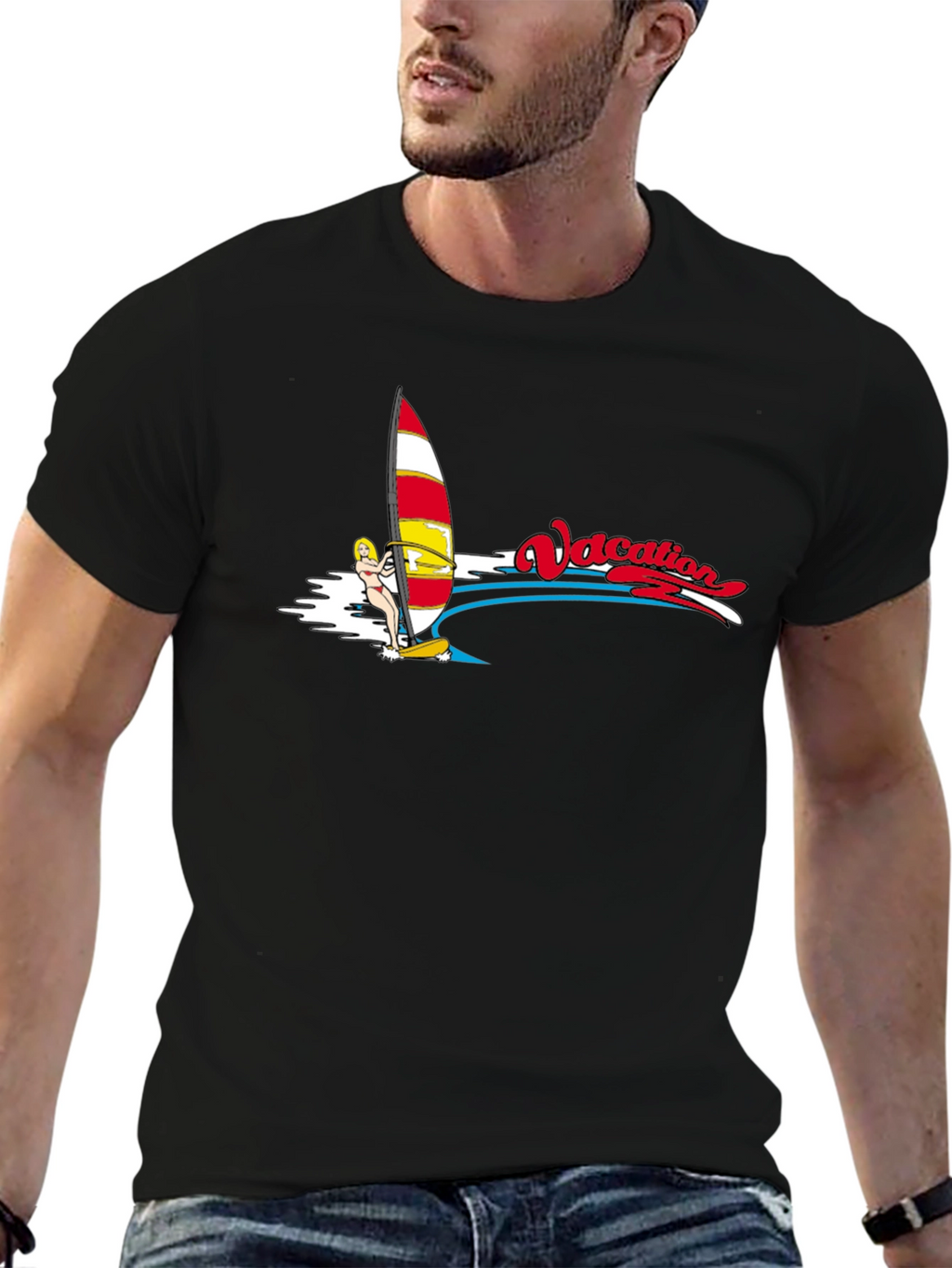Vacation Windsurfing T-Shirt - Black Cotton Tee