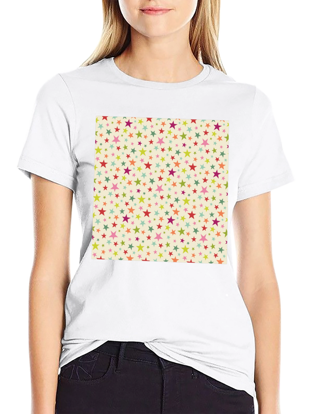 Starry Pattern Tee - Black Cotton Blend Casual T-Shirt
