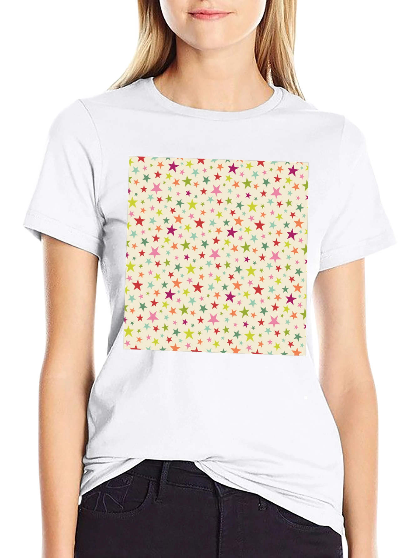 Starry Pattern Tee - Black Cotton Blend Casual T-Shirt