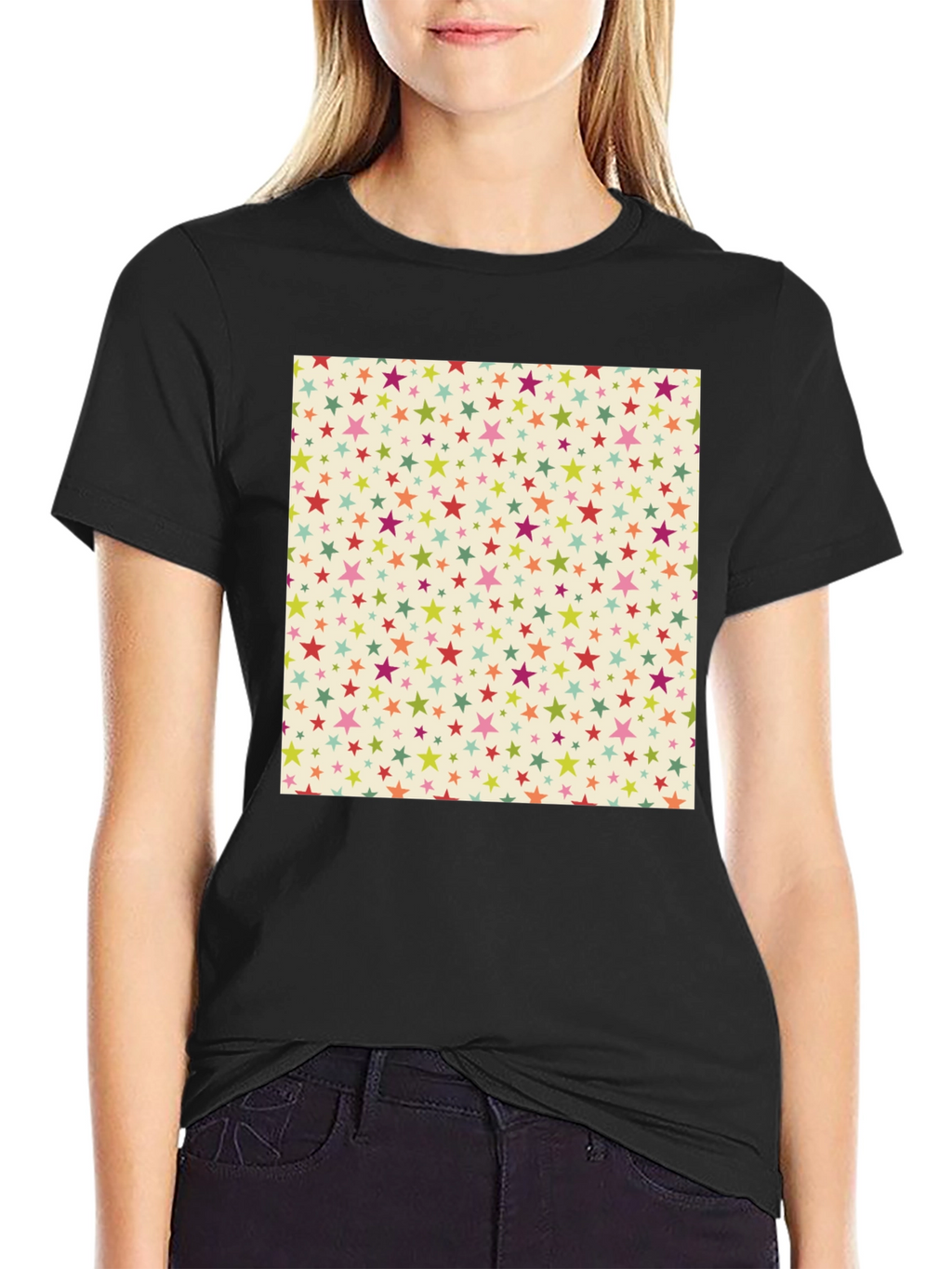 Starry Pattern Tee - Black Cotton Blend Casual T-Shirt