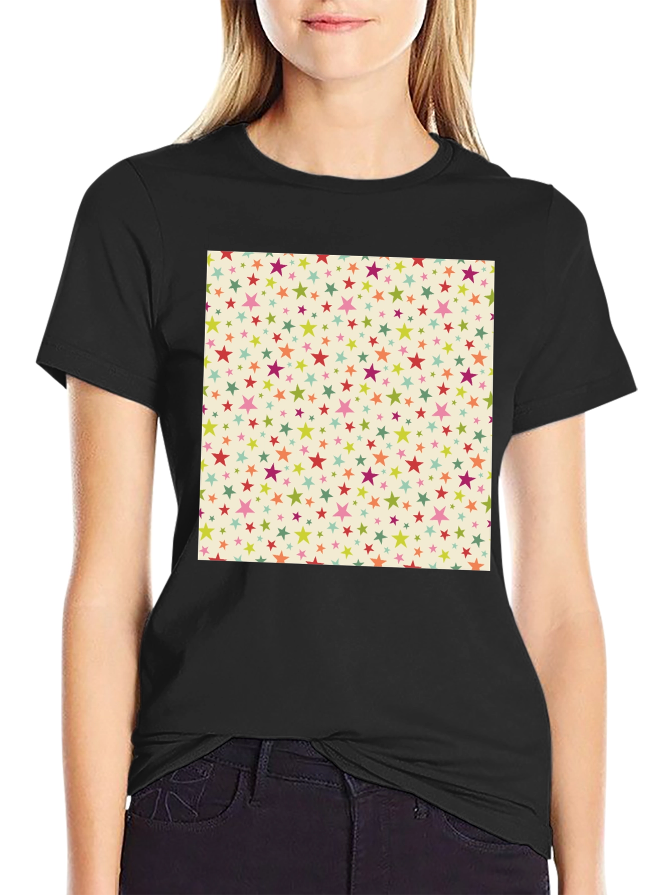 Starry Pattern Tee - Black Cotton Blend Casual T-Shirt