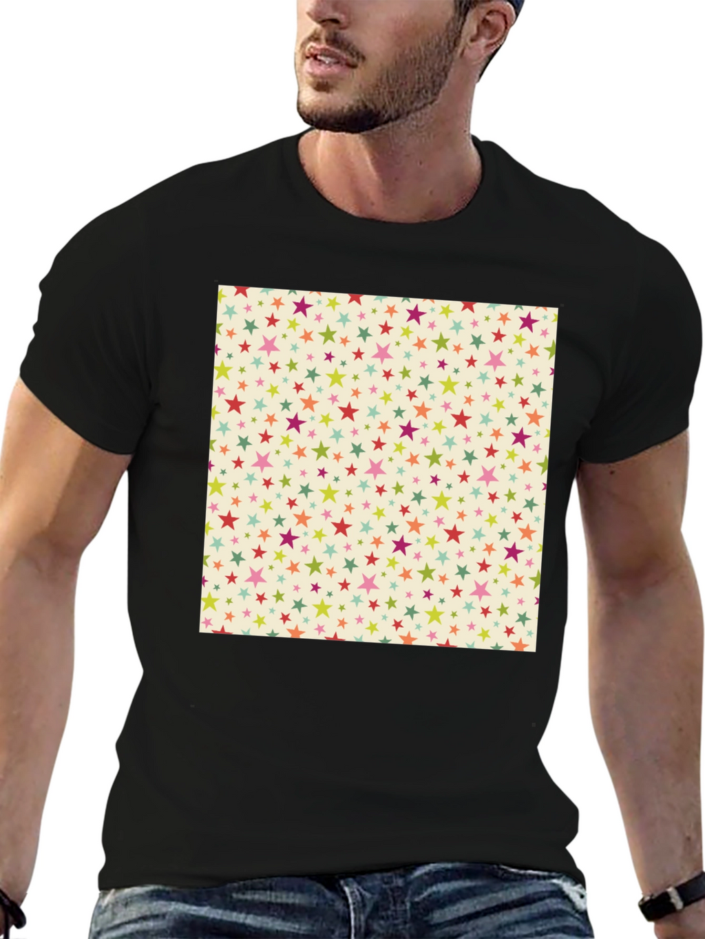 Starry Pattern Tee - Black Cotton Blend Casual T-Shirt