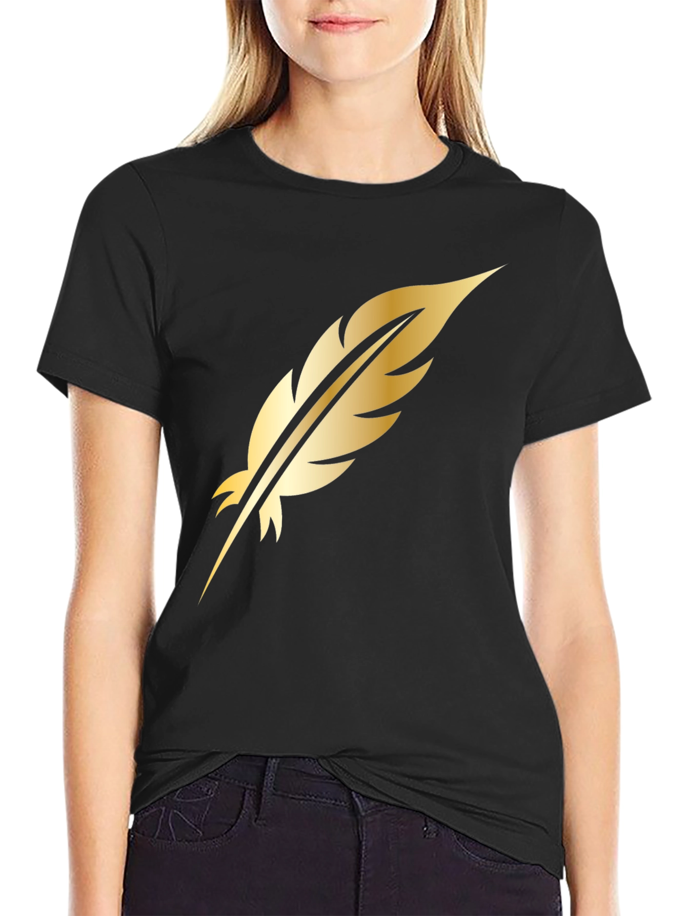 Golden Feather Graphic Black T-Shirt