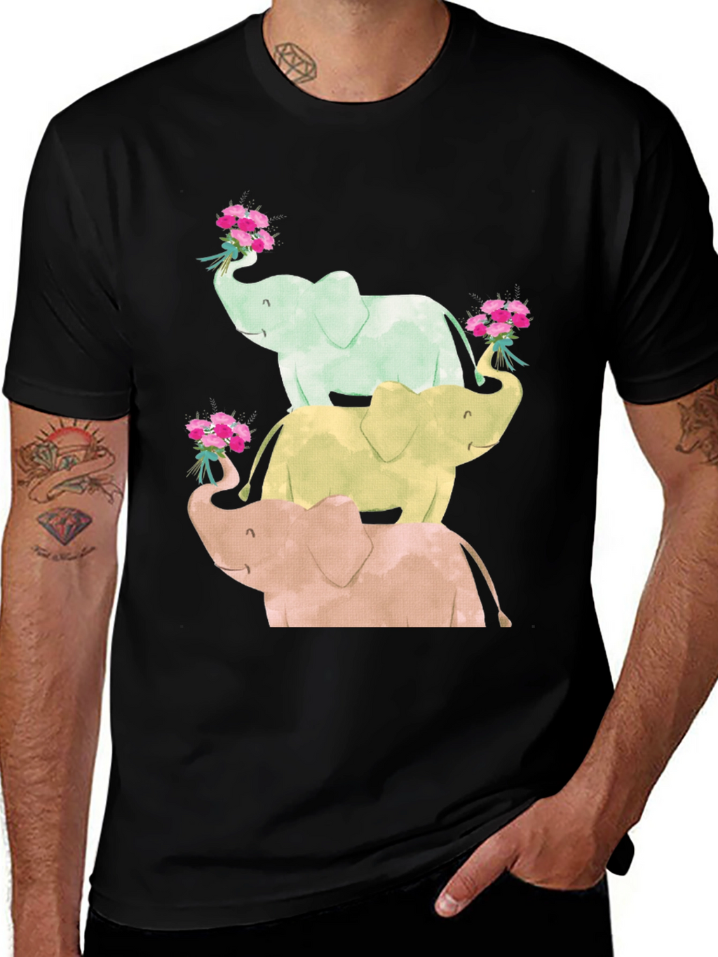 Elephant Flower Bouquet Black Tee