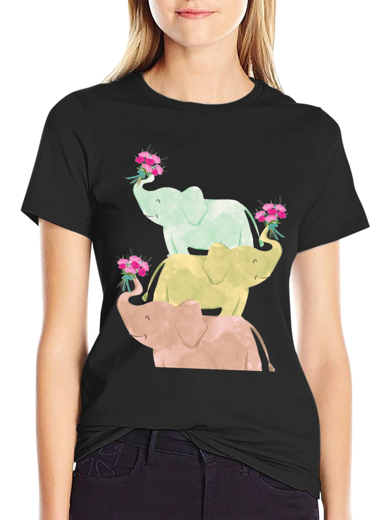 Elephant Flower Bouquet Black Tee