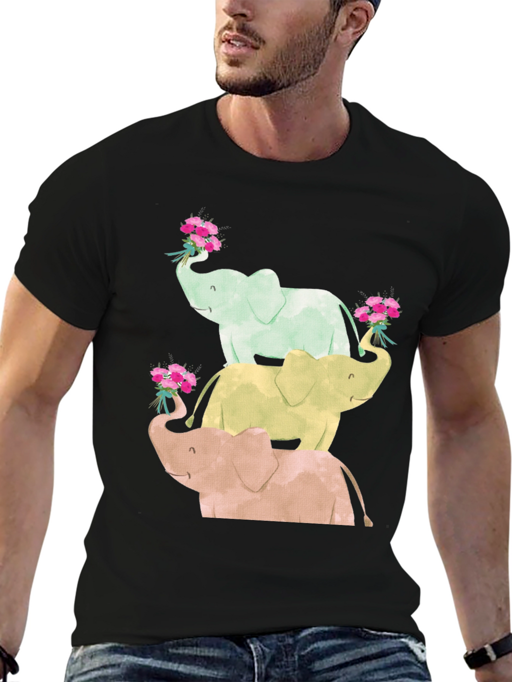 Elephant Flower Bouquet Black Tee