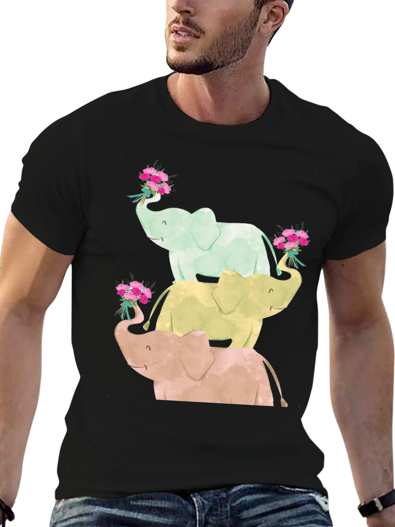 Elephant Flower Bouquet Black Tee
