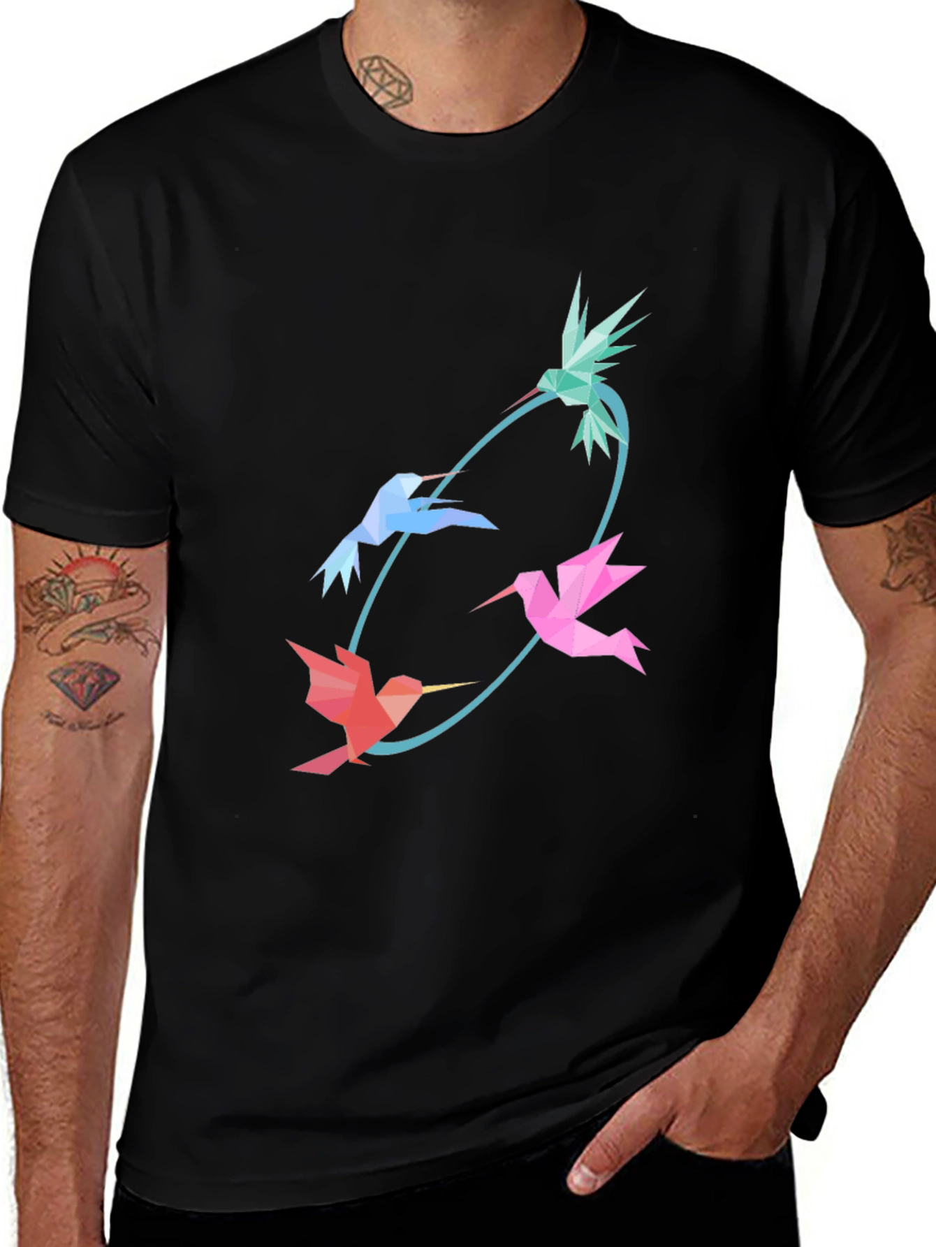 Abstract Hummingbird Graphic Tee - Stylish Black Cotton Blend Shirt