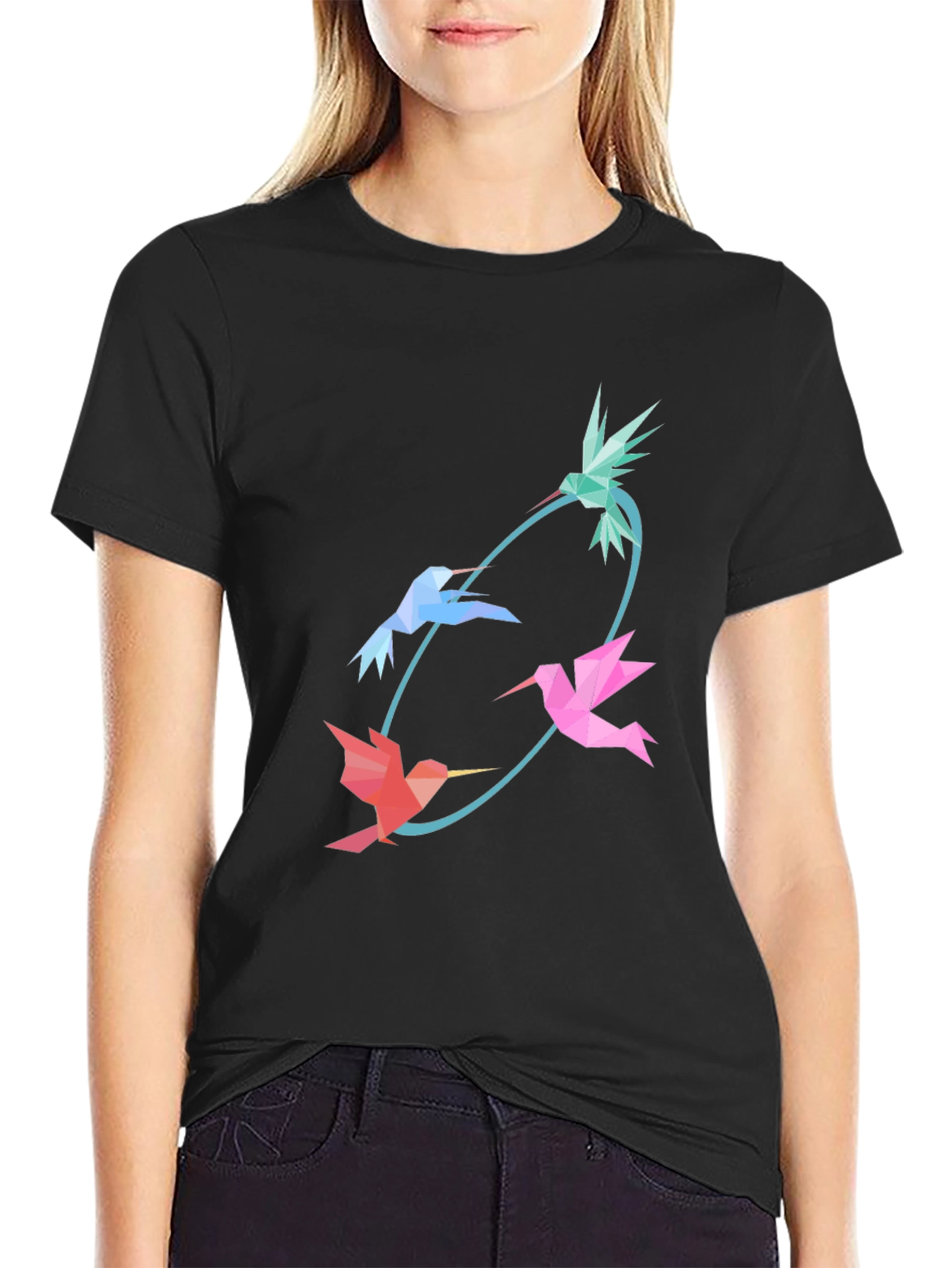 Abstract Hummingbird Graphic Tee - Stylish Black Cotton Blend Shirt
