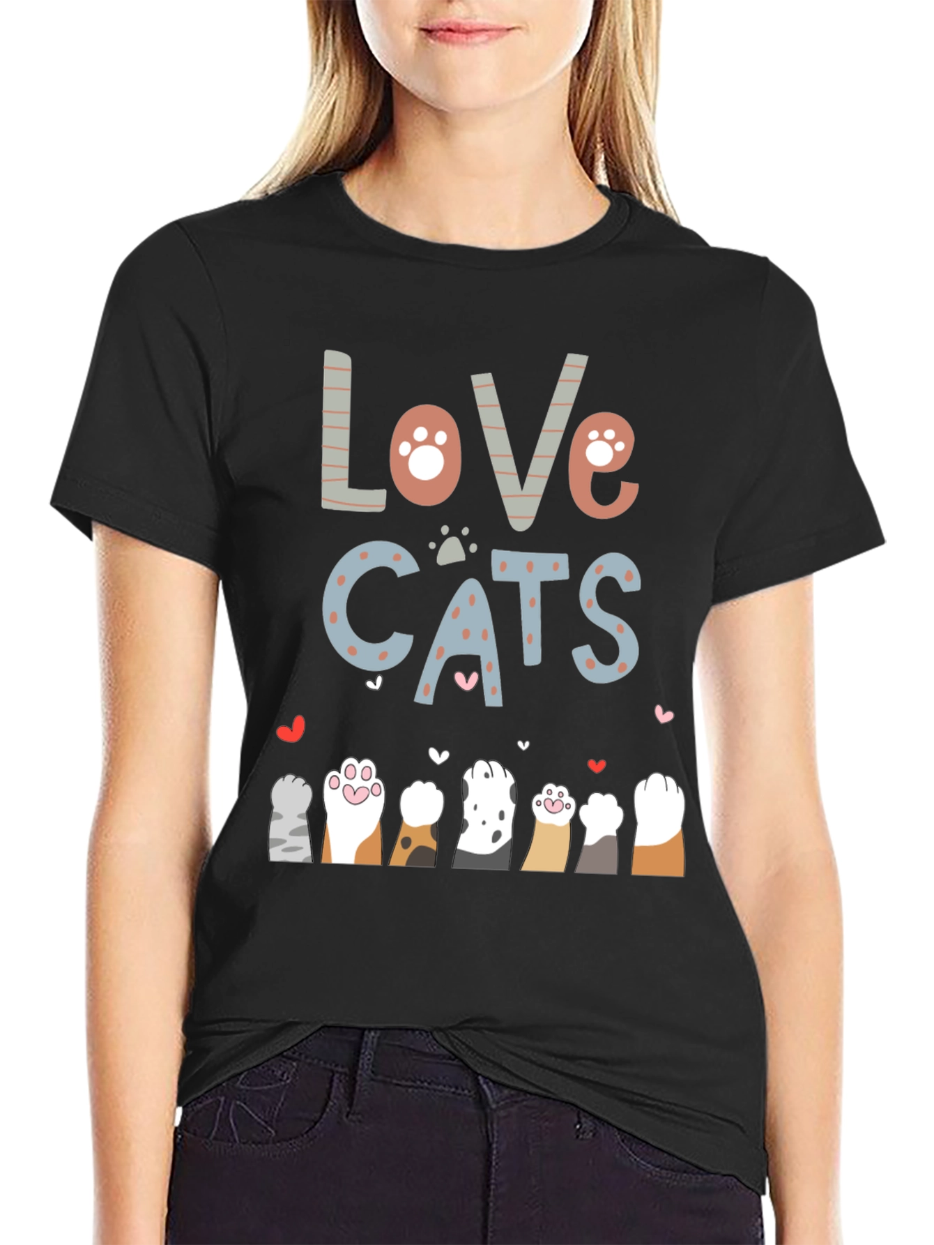 Love Cats Graphic Tee - Cute Cat Paw Print T-Shirt