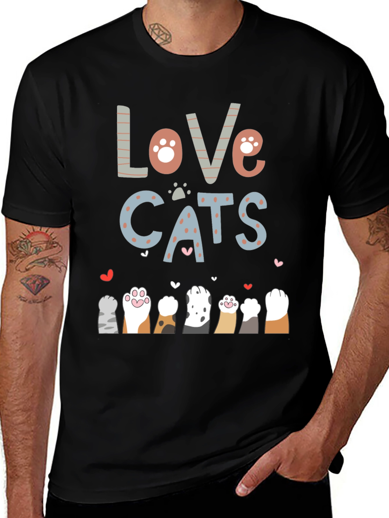 Love Cats Graphic Tee - Cute Cat Paw Print T-Shirt