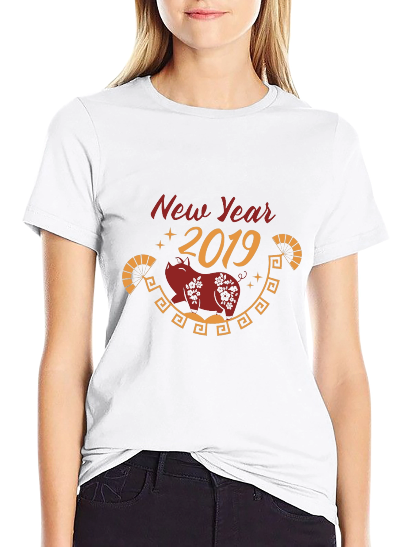 New Year 2019 Pig Graphic Tee - Black Cotton Blend