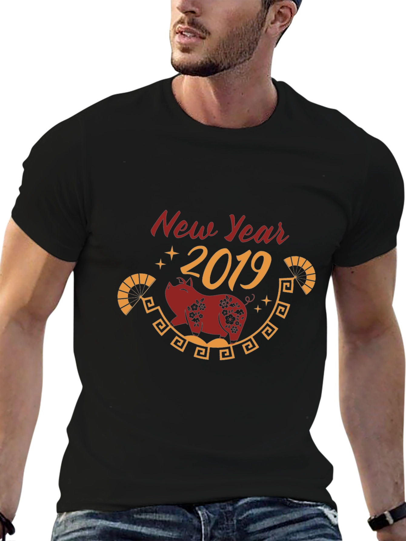 New Year 2019 Pig Graphic Tee - Black Cotton Blend