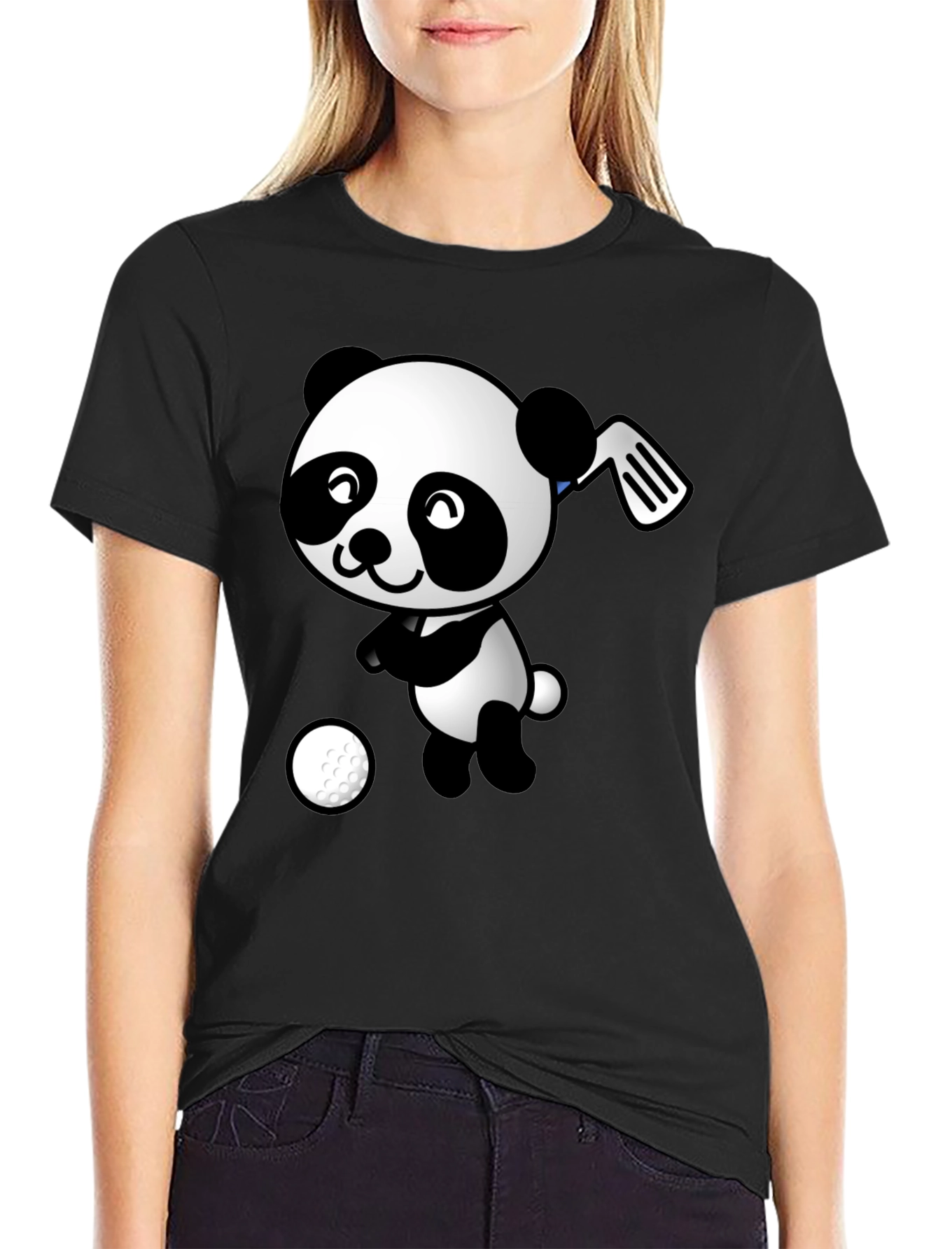 Golfing Panda Graphic Tee - Black Cotton T-Shirt