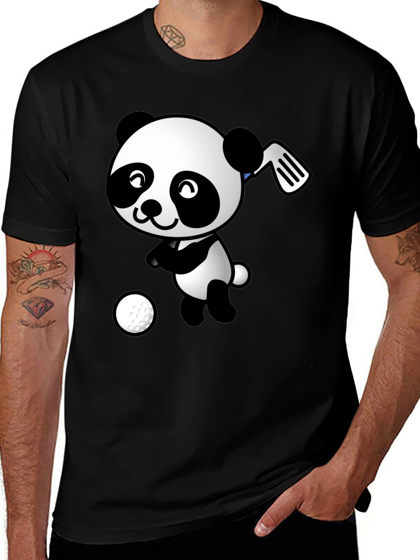 Golfing Panda Graphic Tee - Black Cotton T-Shirt