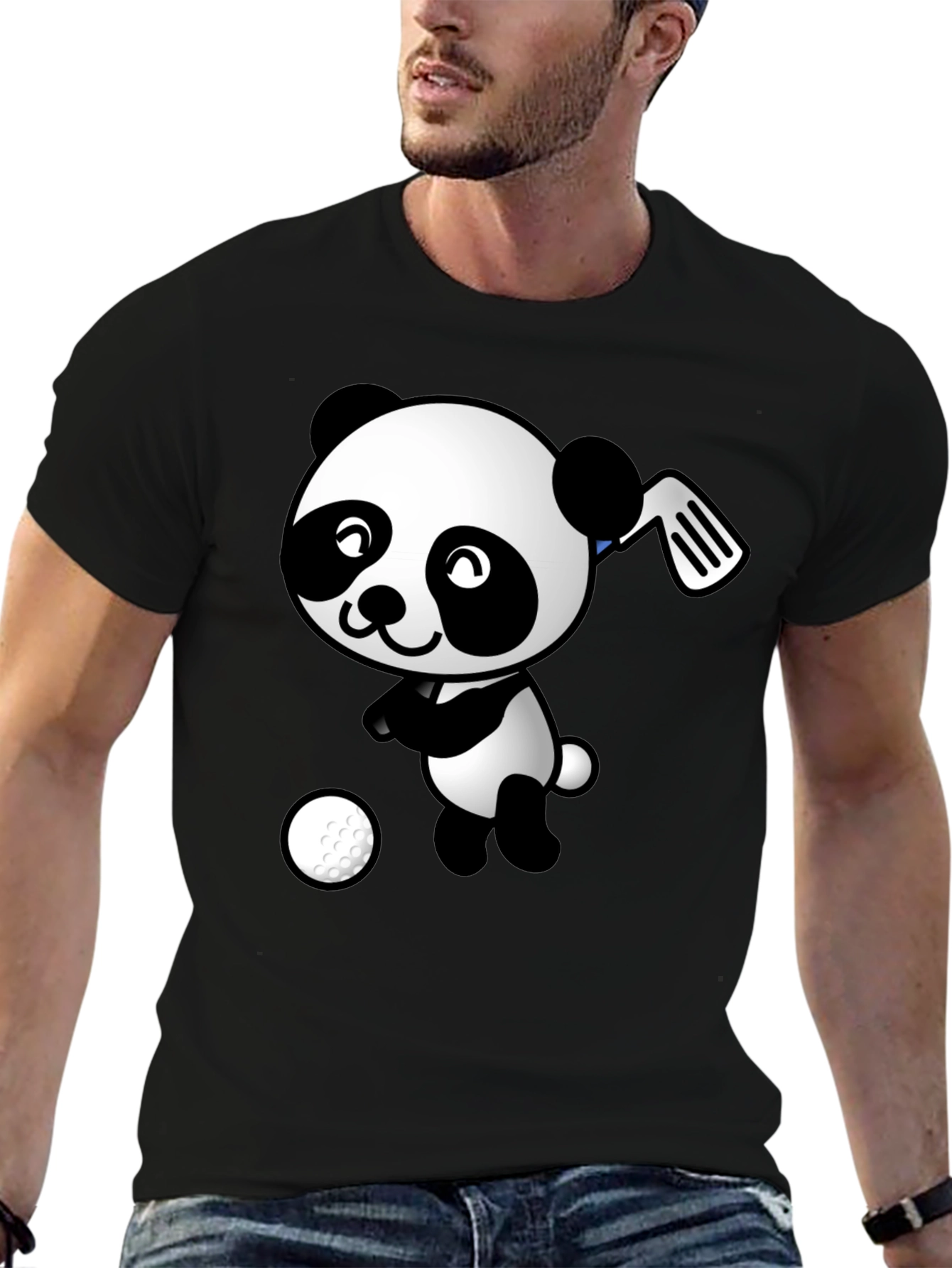 Golfing Panda Graphic Tee - Black Cotton T-Shirt