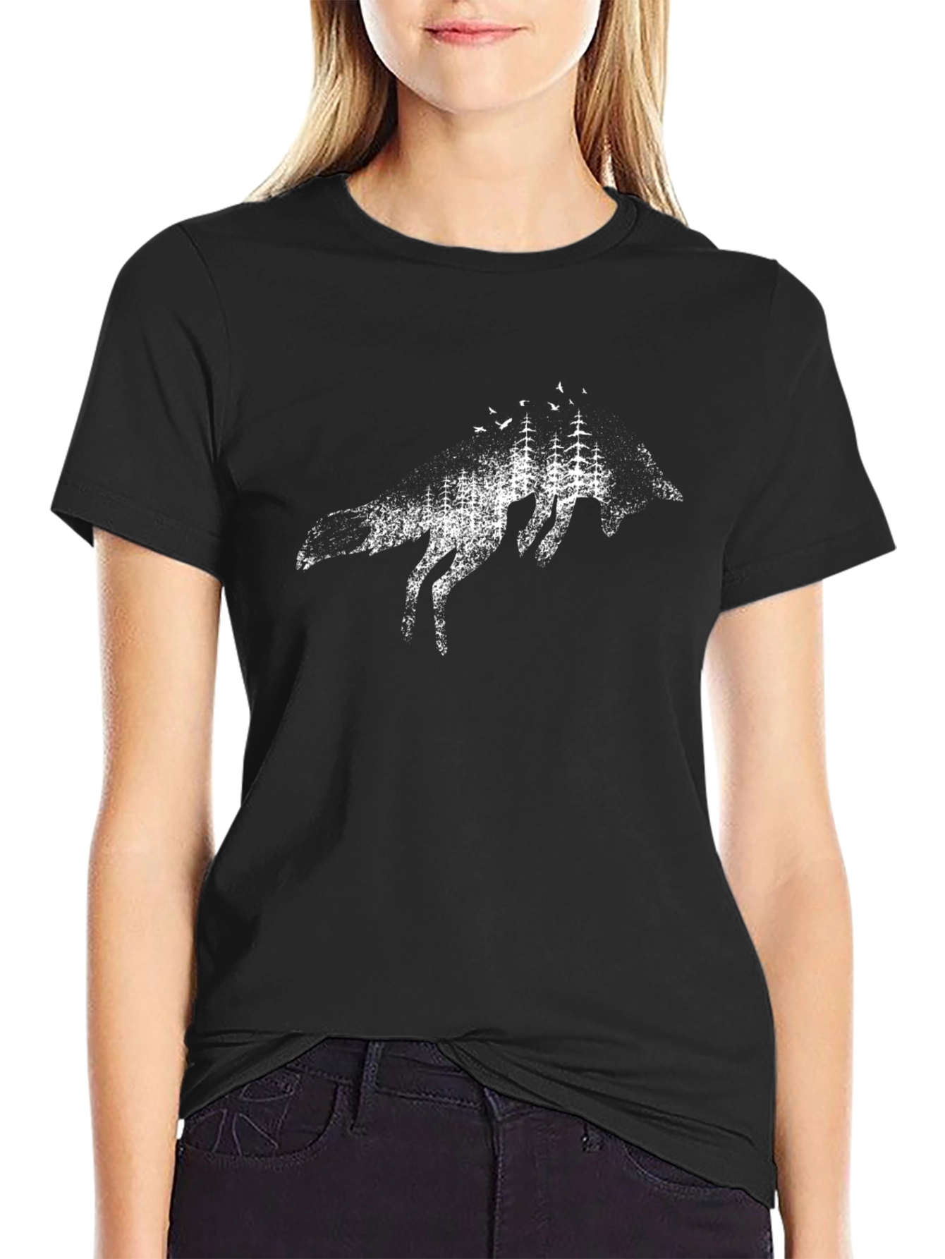 Mens Black Wolf & Forest Graphic Tee