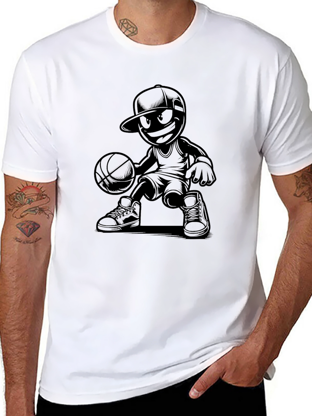 Cool Basketball Cartoon Graphic Tee - Black T-Shirt