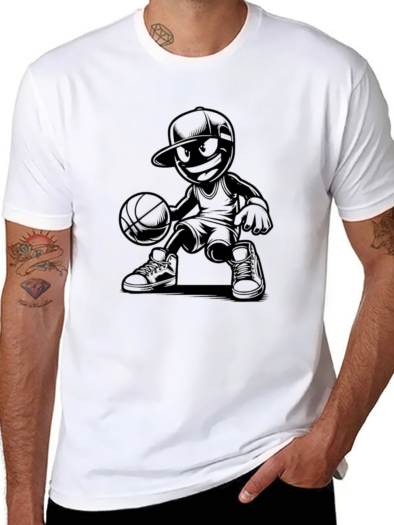 Cool Basketball Cartoon Graphic Tee - Black T-Shirt