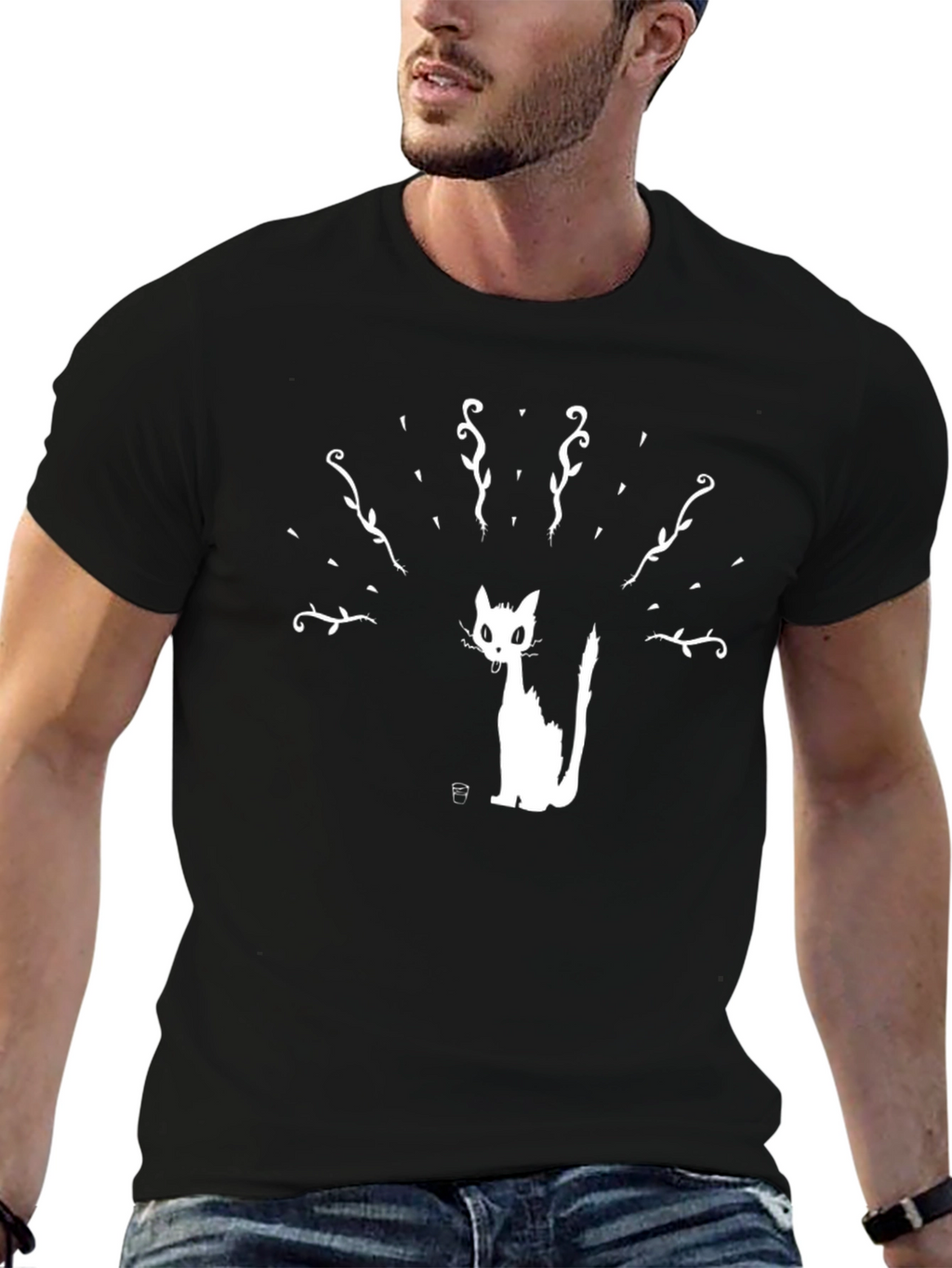 Black T-Shirt with Cat Silhouette Print