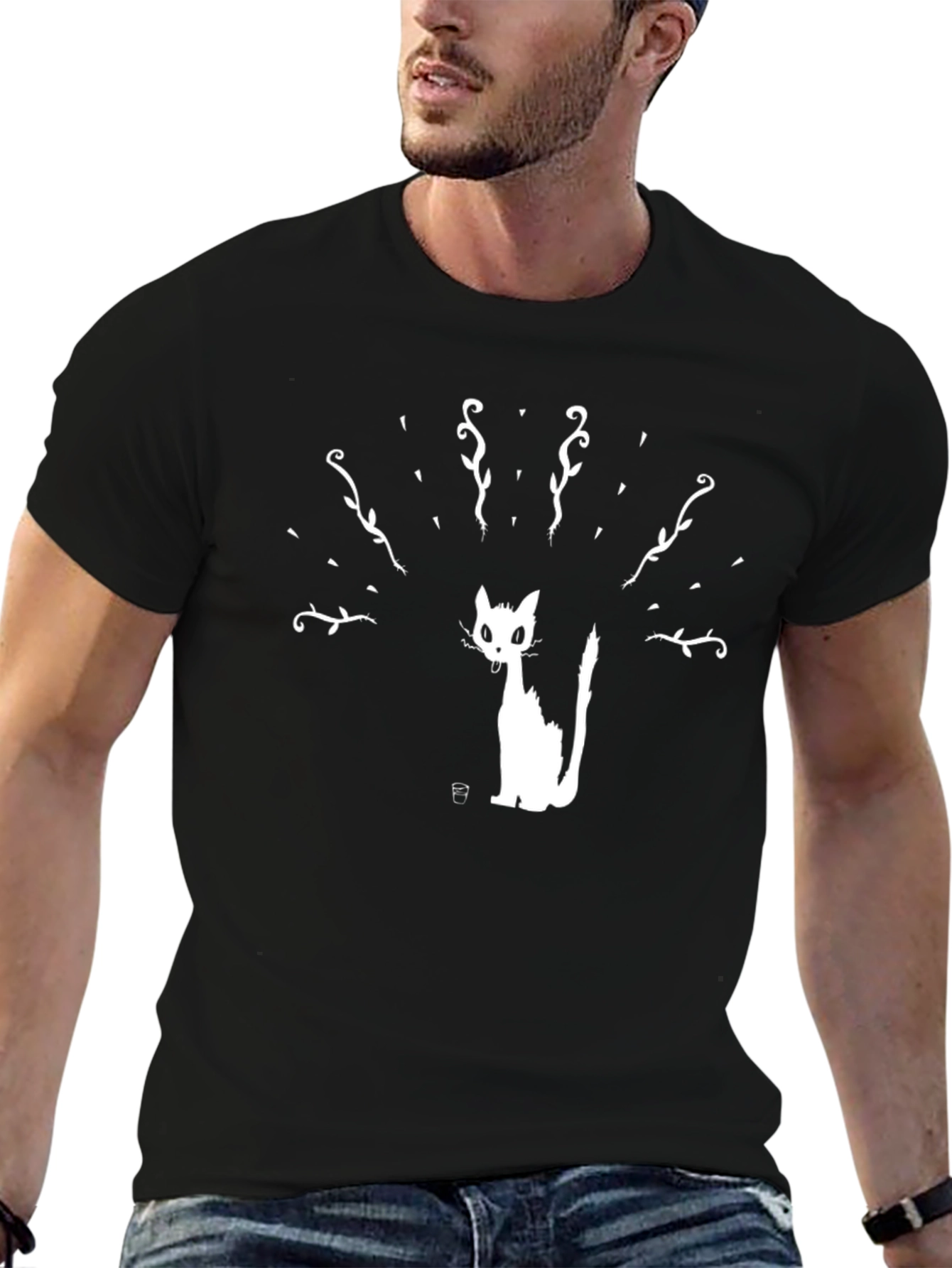 Black T-Shirt with Cat Silhouette Print