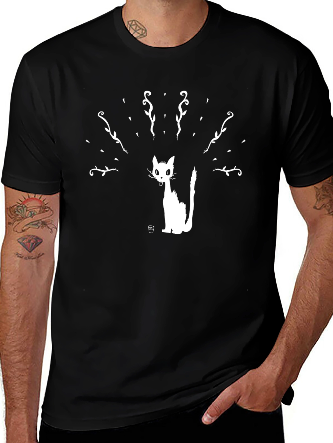 Black T-Shirt with Cat Silhouette Print