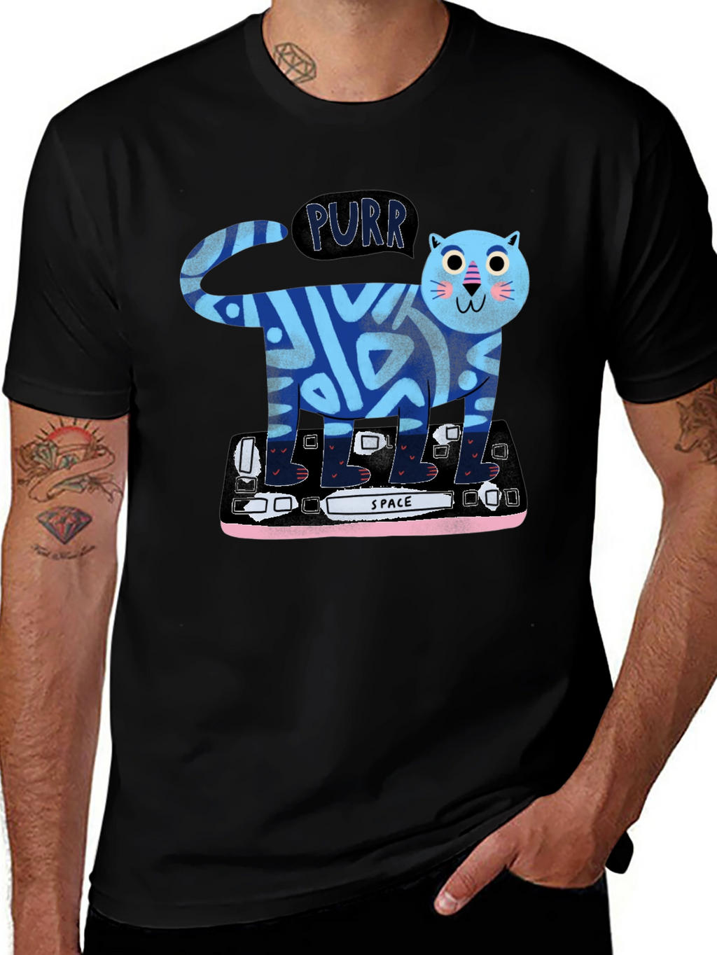 Purrfect Keyboard Cat Tee - Black Cotton Graphic T-Shirt