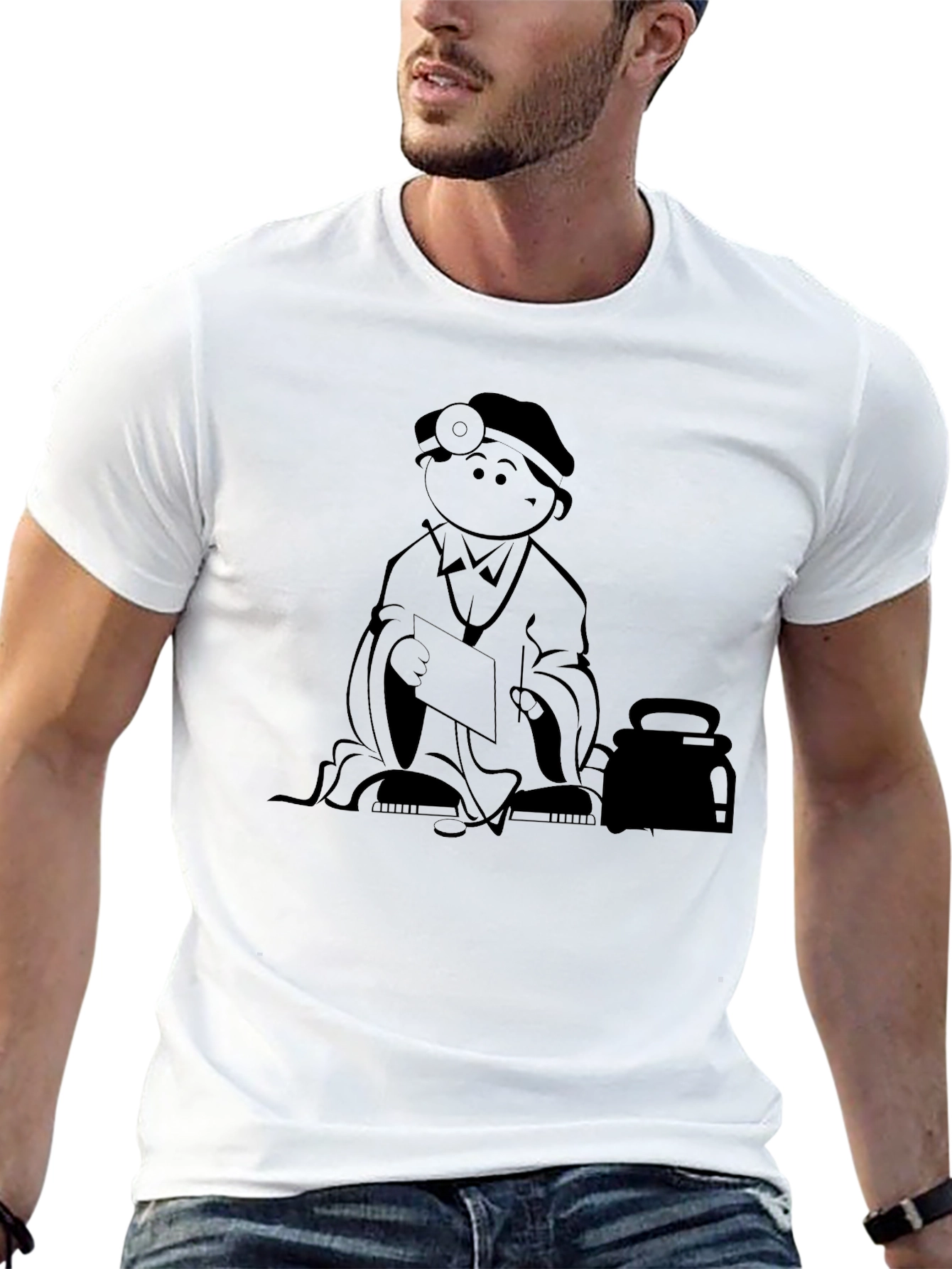 Cartoon Doctor Graphic Tee - Black Cotton T-Shirt