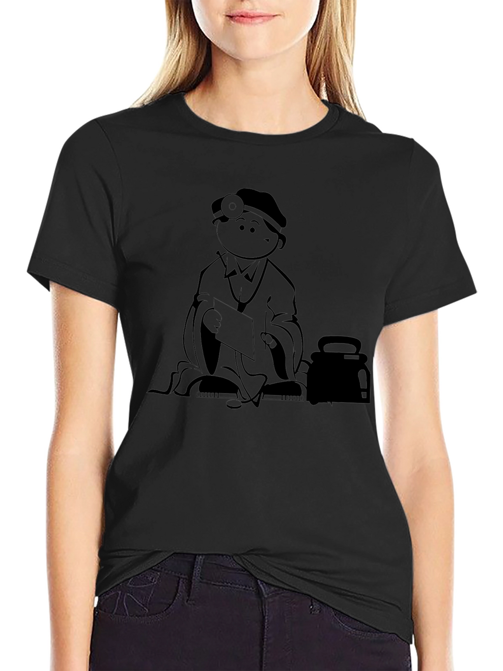 Cartoon Doctor Graphic Tee - Black Cotton T-Shirt