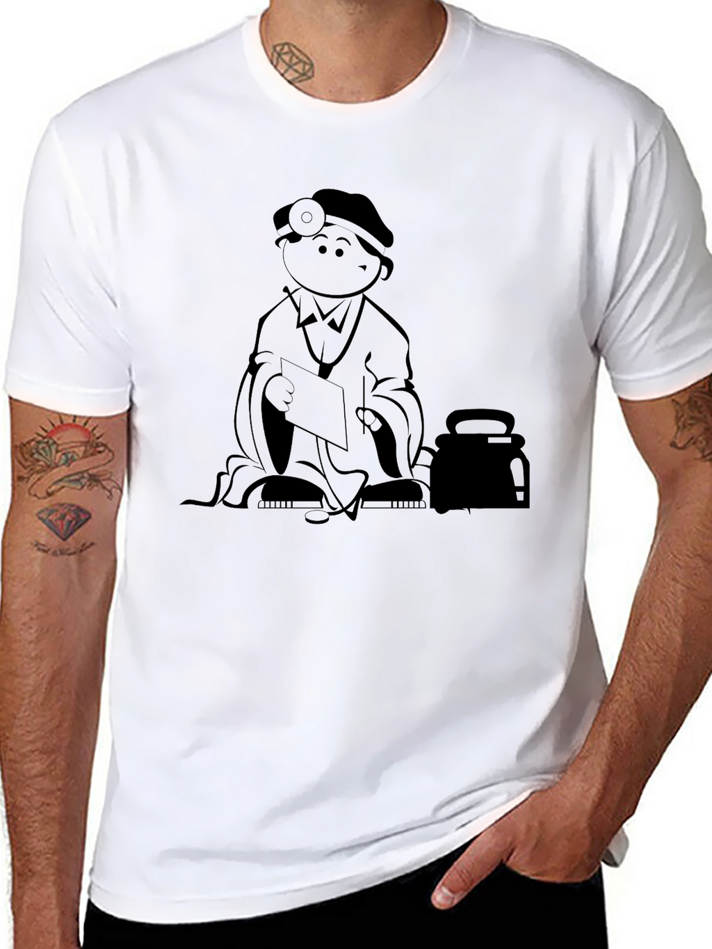 Cartoon Doctor Graphic Tee - Black Cotton T-Shirt